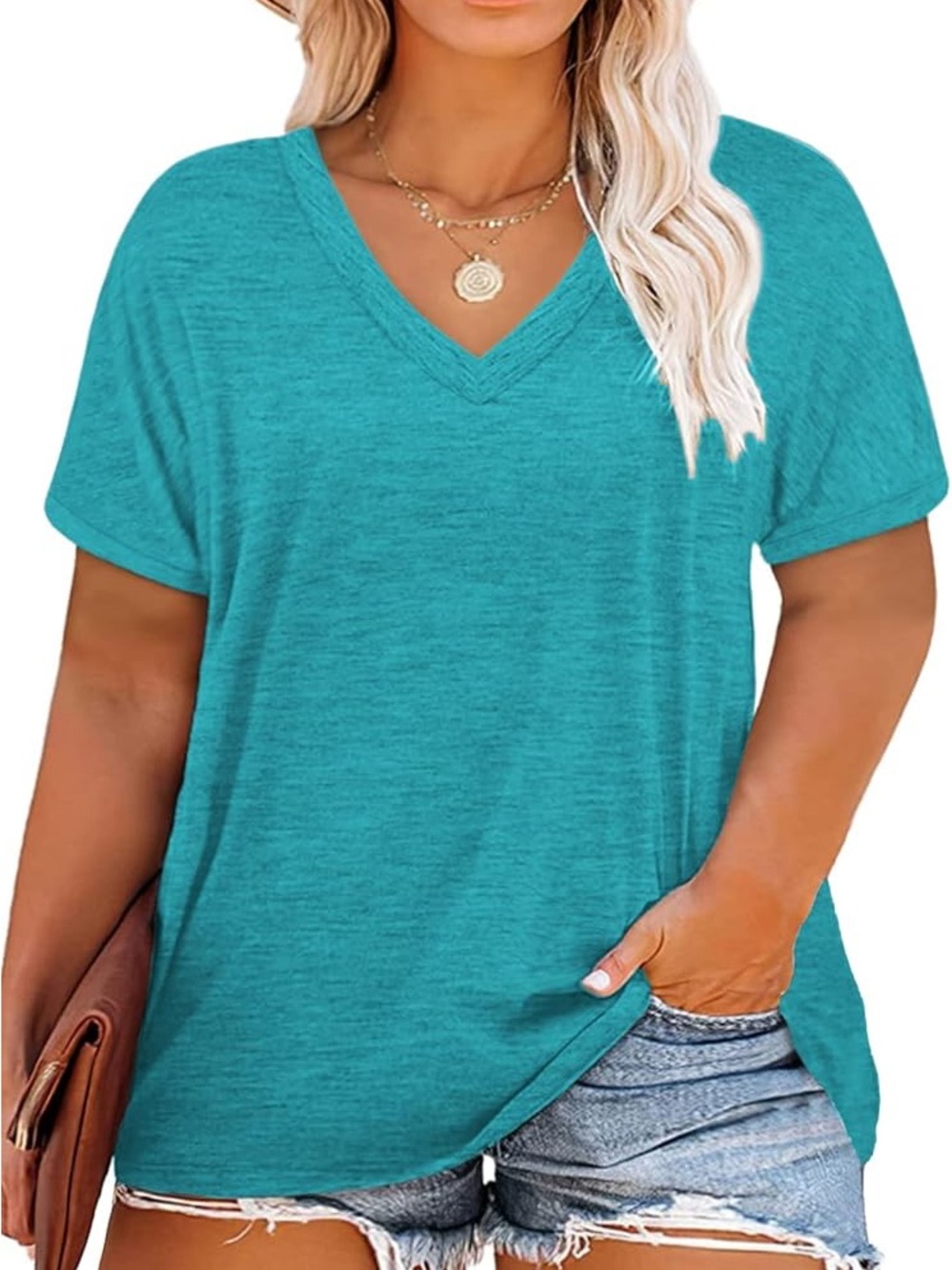 Teal and Raspberry color  Relaxed V-Neck Women's Top